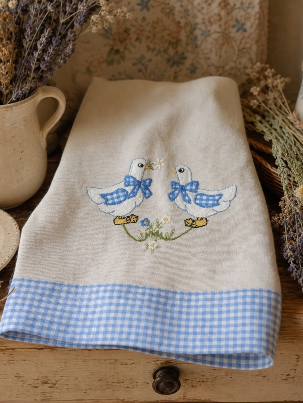 Vintage Linen Kitchen Towel with Embroidered Geese – Cottagecore Farmhouse Decor